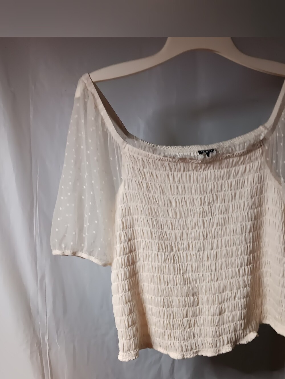 Torrid Women's Size 3 Cream Smocked Off-Shoulder Blouse Dotted Mesh Lace Sleeves